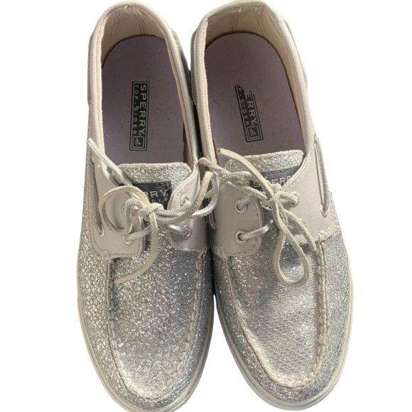 Sperry Topsider Bahama Metallic SILVER SPARKLE Boat Shoes 8.5 - Picture 3 of 6